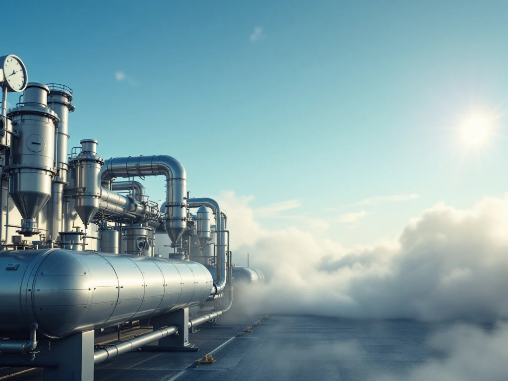 Photorealistic scene of SuperFlox's flameless oxidation systems in an industrial landscape, symbolizing clean air and sustainability.