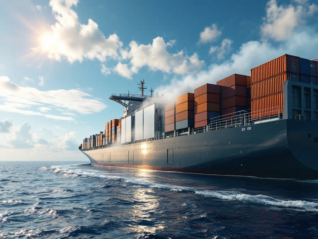 A container ship with an air pollution control system emits clean vapor, symbolizing sustainability and innovation against a clear sky.