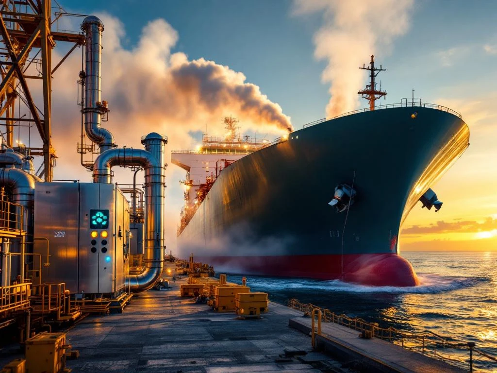 Oil tanker ship at modern port with emission control systems and blue-green indicator lights during golden hour sunset.